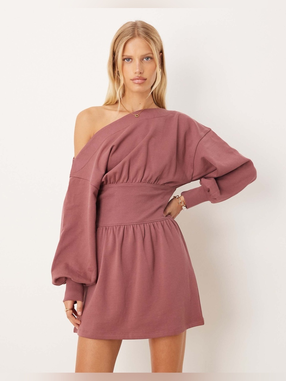 ASOS DESIGN Cotton Slash Neck One Shoulder Mini Dress in Deep Rose Size 12